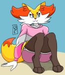  2021 andre_art anthro bed black_body blue_eyes braixen butt clothed clothing digital_media_(artwork) feet female fur furniture hi_res hindpaw inner_ear_fluff lying multicolored_body multicolored_fur multicolored_tail nintendo on_bed paws pok&eacute;mon pok&eacute;mon_(species) red_body red_fur signature simple_background smile solo teeth topwear tuft two_tone_body two_tone_fur two_tone_tail video_games white_body white_fur yellow_body yellow_fur 