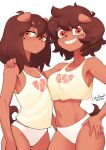  2020 anthro arm_around_shoulders beauty_mark canid canine canis clothing colo crop_top domestic_dog duo emiru_iero female hi_res looking_at_viewer mammal navel panties satomi_iero sharp_teeth shirt sibling sister sisters smile teeth thick_thighs topwear underwear white_panties 