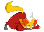  andre_art angry anthro ass_up canid canine clothed clothing delphox digital_media_(artwork) female fur inner_ear_fluff jack-o&#039;_pose looking_at_viewer mammal multicolored_body multicolored_fur nintendo paws pok&eacute;mon pok&eacute;mon_(species) pose raised_tail red_body red_eyes red_fur signature simple_background solo tuft video_games yellow_body yellow_fur 
