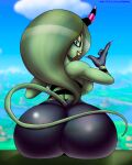  absurd_res big_butt blindstash breasts butt female green_body green_hair hair hi_res horn huge_butt humanoid looking_at_viewer looking_back not_furry pink_fingernails rear_view sega sitting solo sonic_the_hedgehog_(series) the_deadly_six wide_hips zeena 