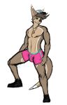  absurd_res anthro big_ears black_sclera botter botter_dork boxers_(clothing) brown_hair bulge chiropteran clothed clothing digital_drawing_(artwork) digital_media_(artwork) fangs footwear fur hair hat headgear headwear hi_res hybrid invisible_geometry jewelry lean_muscle lutrine male mammal multicolored_body multicolored_fur mustelid necklace pink_boxers raised_leg rio_(botter_dork) shoes simple_background smile solo two_tone_body two_tone_fur underwear 