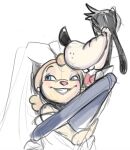  anthro black_eyes black_nose black_tie_(suit) blonde_hair blue_eyes bow_tie canid canine canis clothed clothing disney domestic_dog dress duo ear_piercing ear_ring embrace eyelashes female goofy_(disney) hair half-closed_eyes holding_person hug icecry looking_at_another male male/female mammal narrowed_eyes piercing simple_background sketch smile suit wedding wedding_dress wedding_veil white_background 