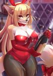  anthro big_breasts blonde_hair bottle breasts bunny_costume canid canine cleavage clothed clothing costume dannyckoo female hair hi_res kinuli lingerie mammal solo teddy_(clothing) 