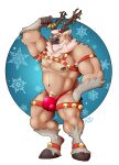  2017 ankle_tuft anthro arm_tuft armband armpit_hair balls_outline barazoku bell big_muscles black_hooves black_horn black_nipples black_nose body_hair briefs brown_body brown_fur bulge capreoline cervid christmas clothing fur genital_outline green_eyes hand_on_hip harness hi_res holidays holly_(plant) hooves horn leg_tuft legband looking_at_viewer male mammal muscular muscular_anthro muscular_male nipples penis_outline plant reindeer rheobear smile snowflake solo standing thighband tuft underwear wrist_tuft 