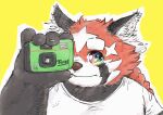  2021 ailurid anthro biped black_body black_fur brown_nose camera clothing fur humanoid_hands kemono lifewonders mammal red_body red_fur red_panda shirt simple_background solo takakei1 tokyo_afterschool_summoners topwear video_games white_body yellow_background zhurong_(tas) 