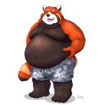  1:1 2021 absurd_res ailurid anthro black_body black_nose bottomwear bulge clothing eyes_closed hi_res humanoid_hands male mammal obese obese_male orange_body overweight overweight_male red_panda sato_afroleone shorts simple_background solo white_background white_body 