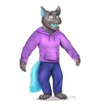  1:1 2021 absurd_res anthro biped blue_body bottomwear bulge canid canine canis clothing grey_body hi_res hoodie humanoid_hands male mammal pants sato_afroleone simple_background solo topwear white_background wolf 