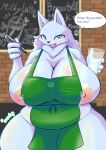  4_fingers anthro apron apron_only areola big_breasts bodily_fluids breasts canid canine canis cleavage clothed clothing cocolog curvy_figure dialogue english_text female fingers fur green_apron green_eyes hi_res huge_breasts i_mean_breast_milk inside kemono lactating lactating_through_clothing looking_at_viewer mammal meme mostly_nude nipple_slip nipples open_mouth roko_(cocolog) signature slightly_chubby solo speech_bubble sweat sweatdrop text thick_thighs voluptuous wet wet_clothing white_body white_fur wide_hips wolf 