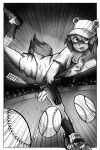  2021 anthro ball baseball_(ball) baseball_field baseball_glove baseball_pitcher baseball_uniform brand_new_animal canid canine clothing fangs female fluffy fluffy_tail greyscale hi_res mammal michiru_kagemori monochrome motion_lines nns open_mouth raccoon_dog raised_leg solo sportswear studio_trigger tanuki uniform 