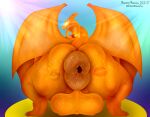  2021 absurd_res anthro anus baconbasket balls big_anus big_balls big_butt bodily_fluids butt charizard colored detailed digital_drawing_(artwork) digital_media_(artwork) digital_painting_(artwork) english_text fire genitals hi_res huge_anus huge_balls huge_butt hyper hyper_anus hyper_balls hyper_genitalia light lighting line_art looking_at_viewer looking_back male mammal nintendo nude orange_body overweight pok&eacute;mon pok&eacute;mon_(species) presenting puckered_butthole puffy_anus scalie shaded signature simple_background smaller_version_at_source smile soft_shading solo text thick_thighs video_games watermark wings 