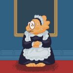  1:1 alphys animated anthro barefoot blush blush_stickers bodily_fluids buckteeth carpet clothed clothing deltarune detailed_background dress embarrassed eyewear feet female front_view frown fully_clothed glasses inside lizard looking_aside looking_offscreen low_res maid_apron maid_headdress maid_uniform momoka_(artist) nervous picture_frame pigeon_toed reptile scales scalie short_playtime solo standing sweat teeth turning undertale undertale_(series) uniform video_games yellow_body yellow_scales 