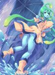  absurd_res big_breasts blue_body blue_skin breasts clothing coat female goo_creature goo_humanoid green_hair hair hi_res humanoid keikokup monster_girl_(genre) monster_musume not_furry rain_boots raincoat solo suu_(monster_musume) topwear umbrella 