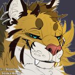  1:1 anthro black_sclera brown_body brown_fur cheek_tuft ear_piercing facial_tuft fangs felid feline fluffy fur gold_(metal) gold_jewelry gold_tooth hair hellcat hi_res horn hybrid icon jewelry looking_at_viewer lynx machairodontine male mammal multicolored_body multicolored_fur piercing pink_nose sabertooth_(anatomy) senka-bekic smile solo teeth tuft vladislav_(lynxoid) whiskers white_body white_fur 