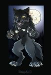  2021 anthro black_body black_fur canid canine detailed_background digital_media_(artwork) fur male mammal moon night outside shalinka sky smile solo star starry_sky 