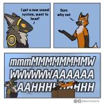  1:1 anthro canid canine claw_marks comic cybernetics cyborg dialogue duo fox fur hi_res holding_on humor machine male mammal meme neck_tuft orange_body orange_fur protogen screaming screen screen_face sparecoyote thx tuft 