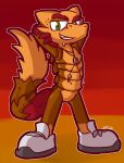  anthro armadillo_girdled_lizard bottomless brown_body brown_clothing brown_fur brown_scales brown_topwear brown_vest cheek_tuft claws clothed clothing eyebrows facial_tuft fangs featureless_crotch finger_claws fluffy fluffy_tail footwear front_view fur girdled_lizard green_eyes green_pupils grey_clothing grey_footwear grey_shoes hands_behind_head jewelry lizard looking_at_viewer male necklace orange_body orange_scales pupils raised_arms raised_eyebrow red_background red_body red_claws red_fur reptile scales scalie shoes simple_background smile smirk solo tan_body tan_fur tan_vest thick_eyebrows topwear tuft ultilix vengeance_drake 