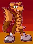  2021 anthro armadillo_girdled_lizard balls big_balls big_penis bottomless brown_body brown_clothing brown_fur brown_scales brown_topwear brown_vest cheek_tuft claws clothed clothing erection eyebrows facial_tuft fangs finger_claws fluffy fluffy_tail footwear front_view fur genitals girdled_lizard glans green_eyes green_pupils grey_clothing grey_footwear grey_shoes hands_behind_head humanoid_genitalia humanoid_penis jewelry lizard looking_at_viewer male necklace orange_balls orange_body orange_penis orange_scales penis pink_glans pupils raised_arms raised_eyebrow red_background red_body red_claws red_fur reptile scales scalie shoes simple_background smile smirk solo tan_body tan_fur tan_vest thick_eyebrows topwear tuft ultilix vengeance_drake 
