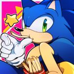  1:1 5_fingers anthro black_nose blue_body blue_fur clothing eating eulipotyphlan fingers food fries fur gloves green_eyes handwear hedgehog looking_at_viewer low_res male mammal sega solo sonic_the_hedgehog sonic_the_hedgehog_(series) weon1119 