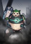  absurd_res anthro armor belly bernado_alte blood bodily_fluids broken_armor canid canine canis clothing domestic_dog eyebrows eyewear fur goggles green_body green_fur hi_res lifewonders live-a-hero male mammal mokdai overweight solo superhero thick_eyebrows torn_clothing unconvincing_armor video_games 