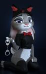  2021 3d_(artwork) anthro blue_background bottomless bow_tie claws clothed clothing digital_media_(artwork) disney ears_down eyebrows eyelashes feet female fingers fur grey_body grey_fur hand_on_hip handcuffs headgear headwear hi_res holding_object judy_hopps kneeling lagomorph legwear leporid long_ears looking_at_viewer mammal melo multicolored_body multicolored_ears multicolored_fur pink_nose pivoted_ears purple_eyes rabbit restraints shackles short_tail simple_background smile solo stockings teeth toe_claws toeless_legwear toes topwear white_body white_fur zootopia 