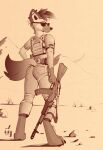  2021 absurd_res ak-103 ak-47 ambiguous_gender anthro assault_rifle barefoot biped butt butt_pose claws clothed clothing digitigrade ear_piercing eyewear feet gun hi_res holding_gun holding_object holding_weapon hyaenid industrial_piercing looking_at_viewer looking_back mammal monochrome outside paws pedalspony_(artist) piercing pose ranged_weapon rear_view rifle sepia signature solo standing sunglasses weapon 