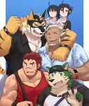  akashi_(live-a-hero) aloha_shirt anthro arm_around_shoulders backwards_baseball_cap backwards_hat baseball_cap black_hair blonde_hair canid canine canis clothing crowne_(live-a-hero) domestic_dog felid female fur green_body green_fur group hair hat headgear headwear hi_res huckle human humanoid kenjilokung lifewonders live-a-hero male mammal mask mokdai pantherine pattern_clothing pattern_shirt pattern_topwear red_hair ryekie_(live-a-hero) scar shirt sui_(live-a-hero) superhero tank_top tiger topwear video_games 