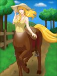  black_border blonde_hair border braided_hair brown_body centaur clothing ear_piercing ear_ring equid equid_taur female hair hat headgear headwear hi_res humanoid_taur mammal mammal_taur phantom_inker piercing saddle shirt taur topwear yellow_clothing yellow_shirt yellow_tail yellow_topwear 