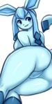  1:2 anthro anthrofied blue_and_white blue_body breasts butt eeveelution female genitals glaceon hi_res looking_at_viewer monochrome nintendo nude pok&eacute;mon pok&eacute;mon_(species) pok&eacute;morph pukemilked pussy side_boob smile solo video_games 