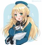  1girl alternate_hairstyle ascot atago_(kancolle) beret black_gloves blonde_hair blue_background blue_headwear blue_jacket blush breasts eyebrows_visible_through_hair frills fur_collar gloves green_eyes hair_between_eyes hat hatomaru_(hatomaru56) jacket kantai_collection large_breasts long_hair long_sleeves looking_at_viewer military military_uniform open_mouth papers smile solo twintails uniform upper_body white_background 