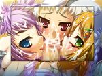  3girls blue_eyes blush braid breasts brown_hair censored cum cum_on_glasses facial foursome freckles gakushin game_cg glasses green_eyes group_sex koihime_musou multiple_girls nail_polish oral penis ponytail purple_eyes purple_hair riten scar silver_hair single_braid ukin 