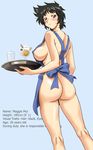  apron areola_slip areolae ass black_hair blue_apron blush breasts character_profile covered_nipples cup dessert drink drinking_glass embarrassed english food from_behind highres holding ice_cream kneepits large_breasts legs looking_back maggie_mui messy_hair naked_apron purple_eyes r.o.d_the_tv read_or_die short_hair sideboob simple_background solo standing sweatdrop ta152_(graf_zeppelin) tray waitress 