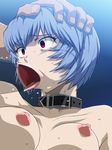  :&gt;= ayanami_rei blue_eyes breasts cheek_poking collar fellatio fey_(unknown_artist) head_grab hetero highres invisible_penis large_breasts neon_genesis_evangelion nipples oral penis poking red_eyes solo_focus sweat tongue 