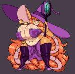  anthro big_breasts breasts chubby_anthro chubby_female cleavage clothed clothing female geebie33 grey_background hair hat headgear headwear hi_res high_heels holding_object holding_staff huge_breasts mammal mouse murid murine orange_hair rodent simple_background slightly_chubby solo staff thick_thighs witch_hat 