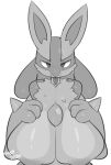  3_fingers anthro big_breasts blush breasts canid canine digital_media_(artwork) female fingers front_view greyscale hi_res huge_breasts looking_at_viewer lucario mammal monochrome nintendo nipples pok&eacute;mon pok&eacute;mon_(species) rabbitbrush shaded simple_background spikes spikes_(anatomy) tongue tongue_out video_games white_background 