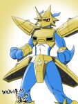  abs absurd_res anthro armor bandai_namco blue_body digimon digimon_(species) gold_(metal) gold_armor hi_res kakaoholic magnamon male midriff muscular red_eyes scalie solo 