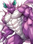  abs anthro biceps big_claws big_tail claws countershading fangs featureless_crotch green_eyes hi_res horn looking_at_viewer lying male muscular muscular_anthro muscular_male nidoking nintendo pecs pok&eacute;mon pok&eacute;mon_(species) purple_body purple_skin rabbity sharp_teeth simple_background solo spikes teeth tusks video_games white_body white_countershading white_skin 
