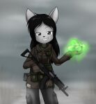  2020 ak-47 anthro assault_rifle black_hair clothing digital_media_(artwork) domestic_cat eyelashes felid feline felis female fingers fur gloves grey_body grey_eyes grey_fur gun hair handwear jacket long_hair looking_at_viewer mammal outside radioactive raining ranged_weapon rifle s.t.a.l.k.e.r. sandwich-anomaly simple_background simple_eyes slime smile solo standing teeth topwear vanessa_(sandwich-anomaly) video_games weapon whiskers 