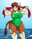  anthro arizona_cow_(tfh) big_breasts bovid bovine breasts cattle clothing duragan female hi_res horn looking_at_viewer mammal muscular muscular_female one-piece_swimsuit one_eye_closed seaside solo swimwear them&#039;s_fightin&#039;_herds thick_thighs towel 