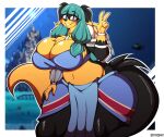  2018 5_fingers absurd_res anthro atlantis:_the_lost_empire big_breasts big_butt blue_eyes blush breasts butt canid canine canis clothing cosplay curvy_figure disney domestic_dog eyewear female fingers gesture glasses hi_res huge_breasts huge_hips huge_thighs kida_nedakh looking_at_viewer mammal smile solo superix thick_thighs v_sign voluptuous zoey_(jwinkz) 
