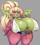  big_breasts blonde_hair breasts cleavage clothed clothing female freckles geebie33 goblin green_body green_skin grey_background hair hi_res huge_breasts humanoid humanoid_pointy_ears hyper hyper_breasts mature_female not_furry simple_background solo 