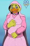  2021 4_fingers alternate_form anthro anthrofied avian beak belly big_breasts bird breasts chica_(fnaf) chicken clothed clothing cosplay costume curvy_figure digital_media_(artwork) disney dress feathered_wings feathers female fingers five_nights_at_freddy&#039;s front_view fully_clothed galliform gallus_(genus) looking_at_viewer maid_marian non-mammal_breasts orange_beak phasianid pink_clothing pink_dress purple_eyes robin_hood_(disney) signature smile solo thevgbear video_games voluptuous wide_hips wings yellow_body yellow_feathers 