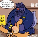  2021 abdominal_bulge anthro belly black_nose bottomwear brown_body charmcharmcharm clothing detailed_background dialogue duo english_text inside janitor lutrine male male/male mammal mephitid mustelid overweight overweight_male pants sex skunk text 
