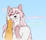  amaryllis_(amy)_sharmila anthro black_nose blush brown_spots canid canine canis duo eyes_closed female fox fur hair hand_on_cheek hand_on_hand hi_res hybrid mammal orange_body orange_fur pink_body pink_fur pink_hair sakura_d_lyall_(sakuradlyall) smile spots unknown_artist white_body white_fur white_hair wolf 