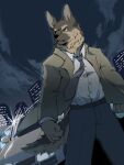  2018 3:4 anthro black_nose bottomwear brown_body brown_fur canid canine canis car city clothing detailed_background domestic_dog fur kemono male mammal necktie night outside pants shirt solo topwear vehicle whistleglass 