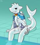  animate_inanimate anthro bell clothed clothing collar fish hacony handles_on_hips inflatable living_inflatable male marine pool_toy shark shirt sitting solo swimming_pool topwear white_body 