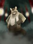  2015 3:4 anthro asian_clothing belly biped brown_body brown_fur brown_nose canid canine clothing east_asian_clothing fur humanoid_hands japanese_clothing male mammal night overweight overweight_male raccoon_dog solo tanuki whistleglass 