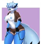  5_fingers anthro areola big_breasts big_tail black_body black_fur black_nose blue_areola blue_body blue_claws blue_fur blue_hair blue_nipples border bottomwear breasts canid canine cheek_tuft claws clothed clothing cowlick darts_(azurox) digital_media_(artwork) eyelashes facial_markings facial_tuft female fingerless_(marking) fingers fox fur gloves_(marking) hair hair_over_eye hands_on_thighs head_markings hi_res leaning leaning_forward looking_at_viewer mammal markings mojaloo multicolored_body multicolored_fur navel nipples one_eye_obstructed open_clothing open_shirt open_topwear purple_background purple_eyes shaded shadow shirt short_hair shorts signature simple_background solo standing topwear tuft white_body white_border white_fur 