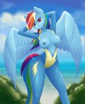  2021 absurd_res anthro anthrofied beach breasts clothed clothing equid equine exposed_breasts feathered_wings feathers female friendship_is_magic hair half-closed_eyes hands_behind_head happy hasbro hi_res junglemango long_hair looking_at_viewer mammal multicolored_hair my_little_pony narrowed_eyes navel nipples open_clothing pegasus presenting presenting_breasts rainbow_dash_(mlp) rainbow_hair seaside seductive skinsuit smile solo tight_clothing wide_hips wings wonderbolts_uniform 