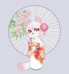  accessory anthro asian_clothing black_nose canid canine canis chibi clothing digital_media_(artwork) east_asian_clothing female fox fur hair hair_accessory hi_res hybrid japanese_clothing katibara kimono mammal pink_body pink_eyes pink_fur pink_hair sakura_d_lyall_(sakuradlyall) solo umbrella wolf 