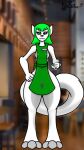  9:16 anthro apron apron_only barely beverage breasts canid canine canis clothed clothing coffee coffee_shop digital_drawing_(artwork) digital_media_(artwork) digital_painting_(artwork) domestic_dog female fur furshine~ green_apron green_eyes green_hair grey_body grey_fur hair hi_res holding_object husky mammal mostly_nude nipples nordic_sled_dog public public_exposure solo spitz thick_thighs visible white_body white_fur 